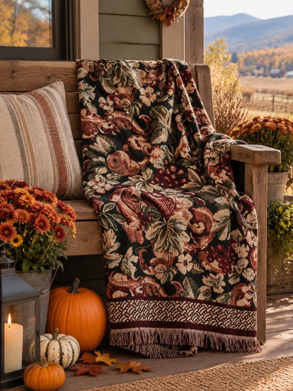 Vintage Goodwin Weavers Jacquard Woven Cotton Throw Blanket Fruit & Floral Cabin
